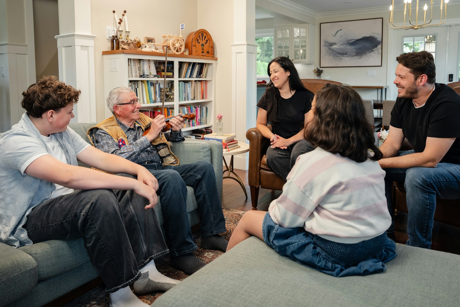 A family talking together in a living room