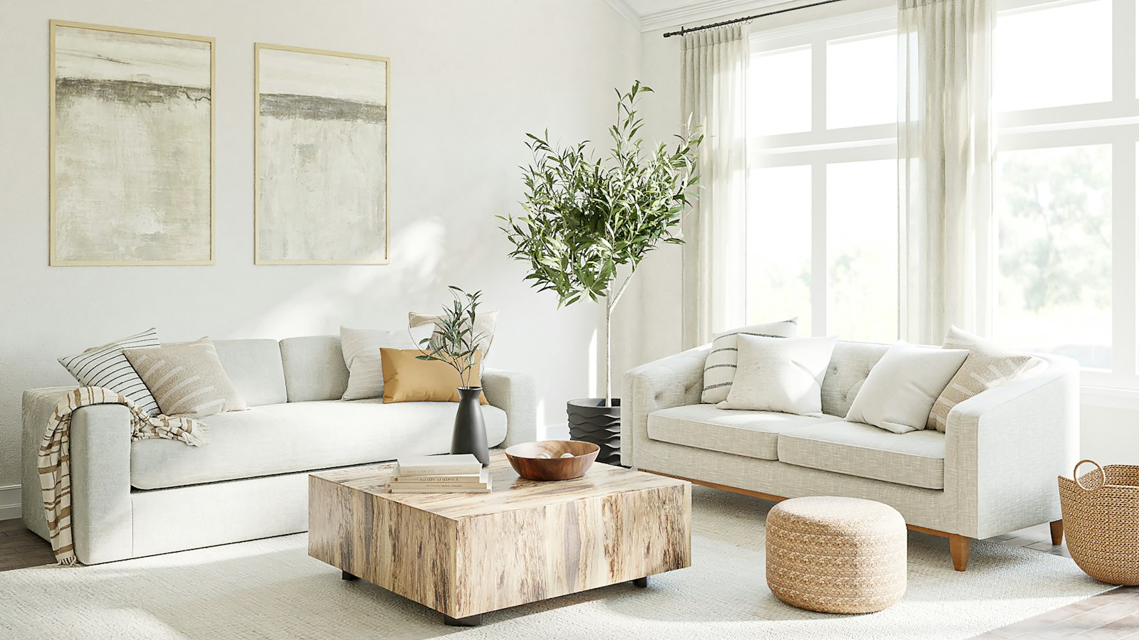 A bright, calm living room with large windows