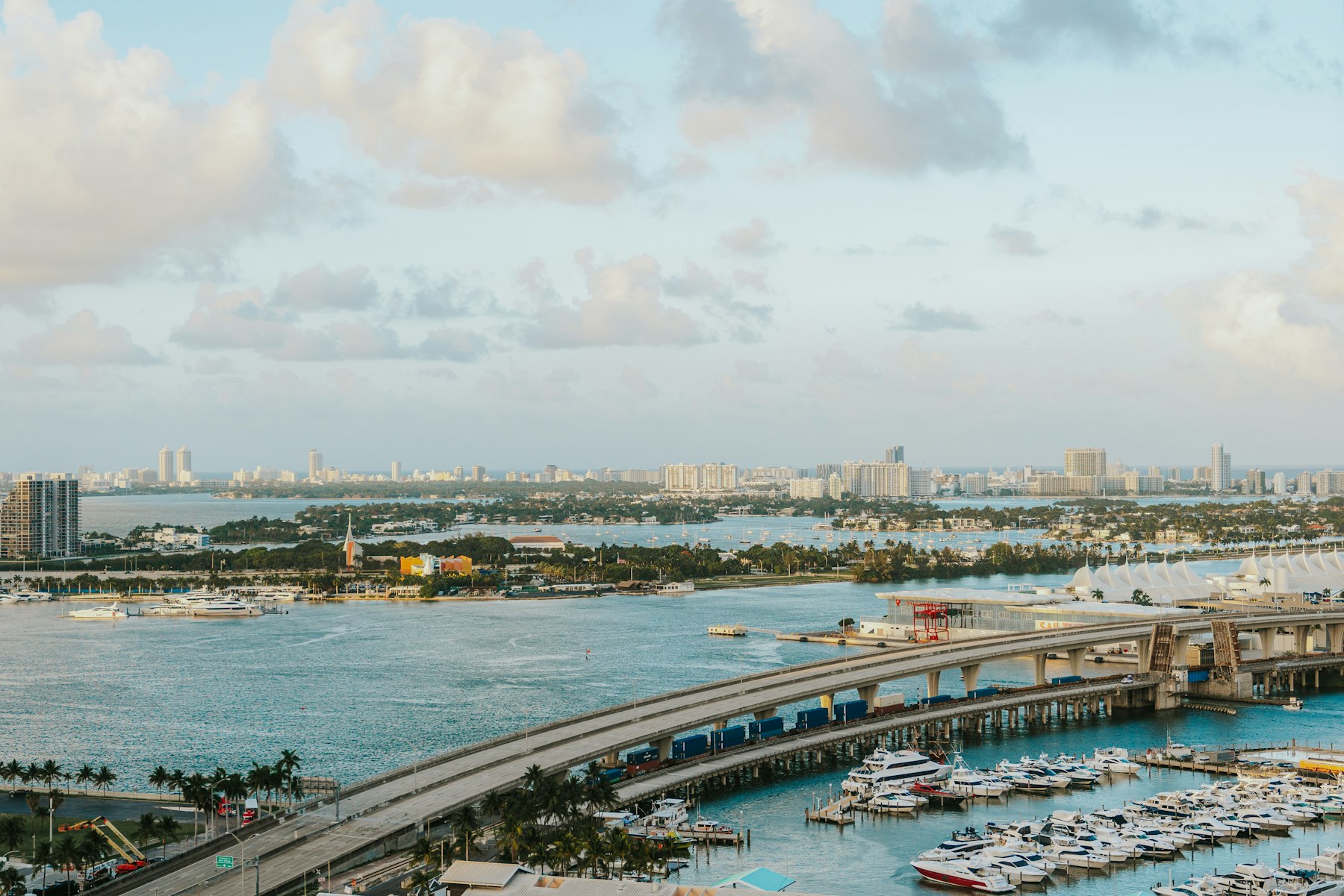 Aerial view of Biscayne Bay, the causeway and the Miami skyline